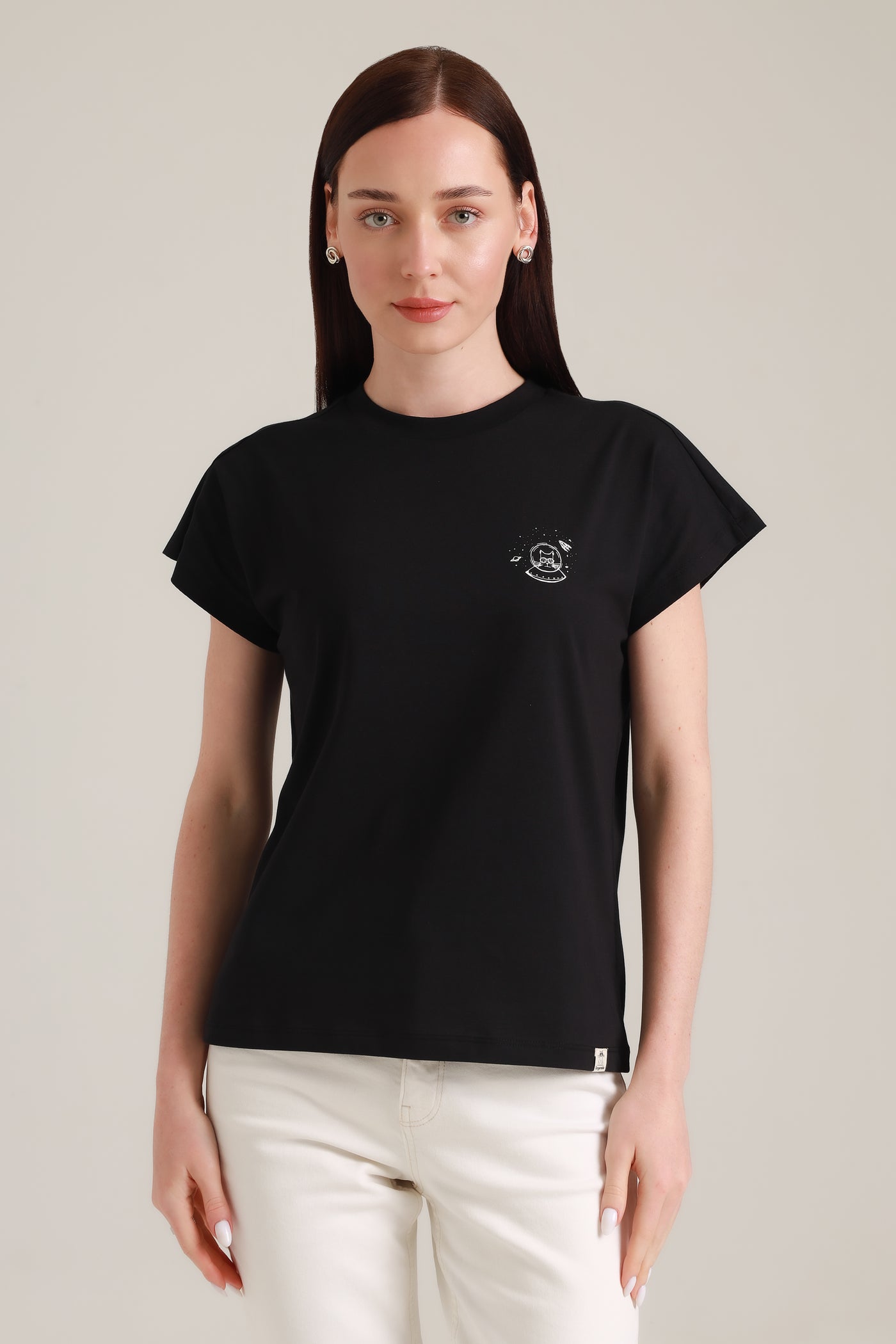 T-Shirt Women Short Sleeves Space Cat Black