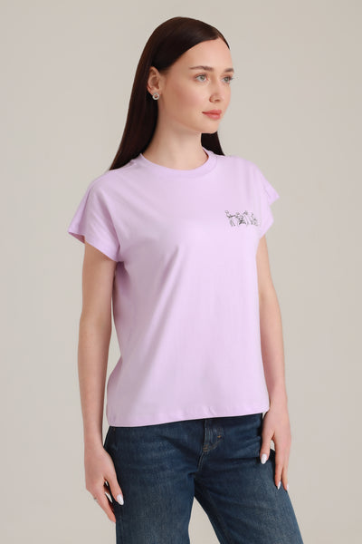 T-Shirt Women Short Sleeves Cat Band Lavender