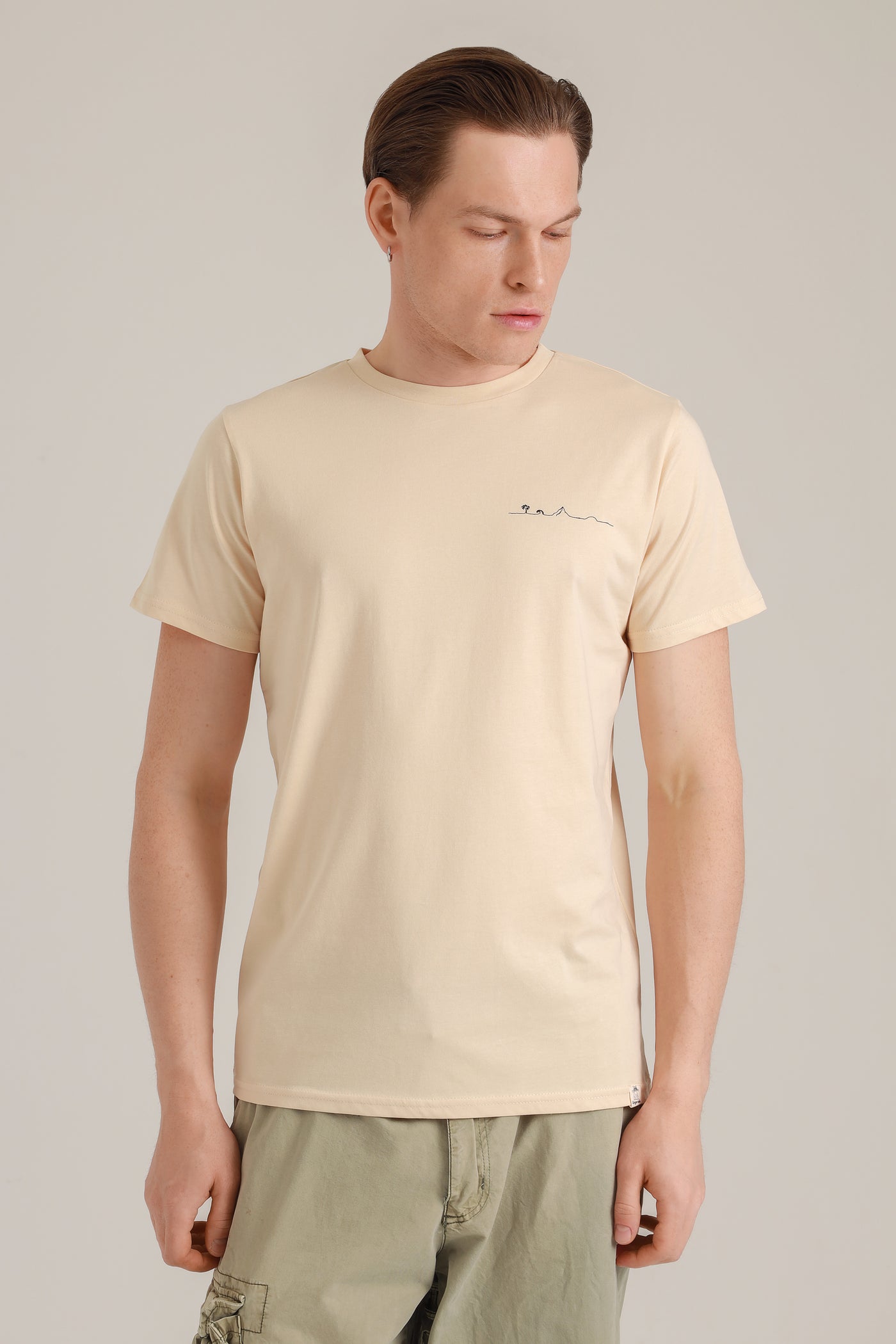 Mann mit nachhaltigem Shirt in Beige mit Insel-Motiv aus Wien von vorne