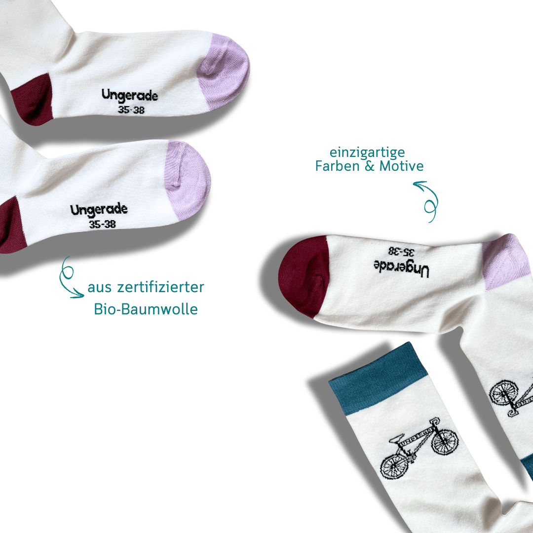 Nachhaltige Socken mit Bike Motiv auf weißem Hintergrund