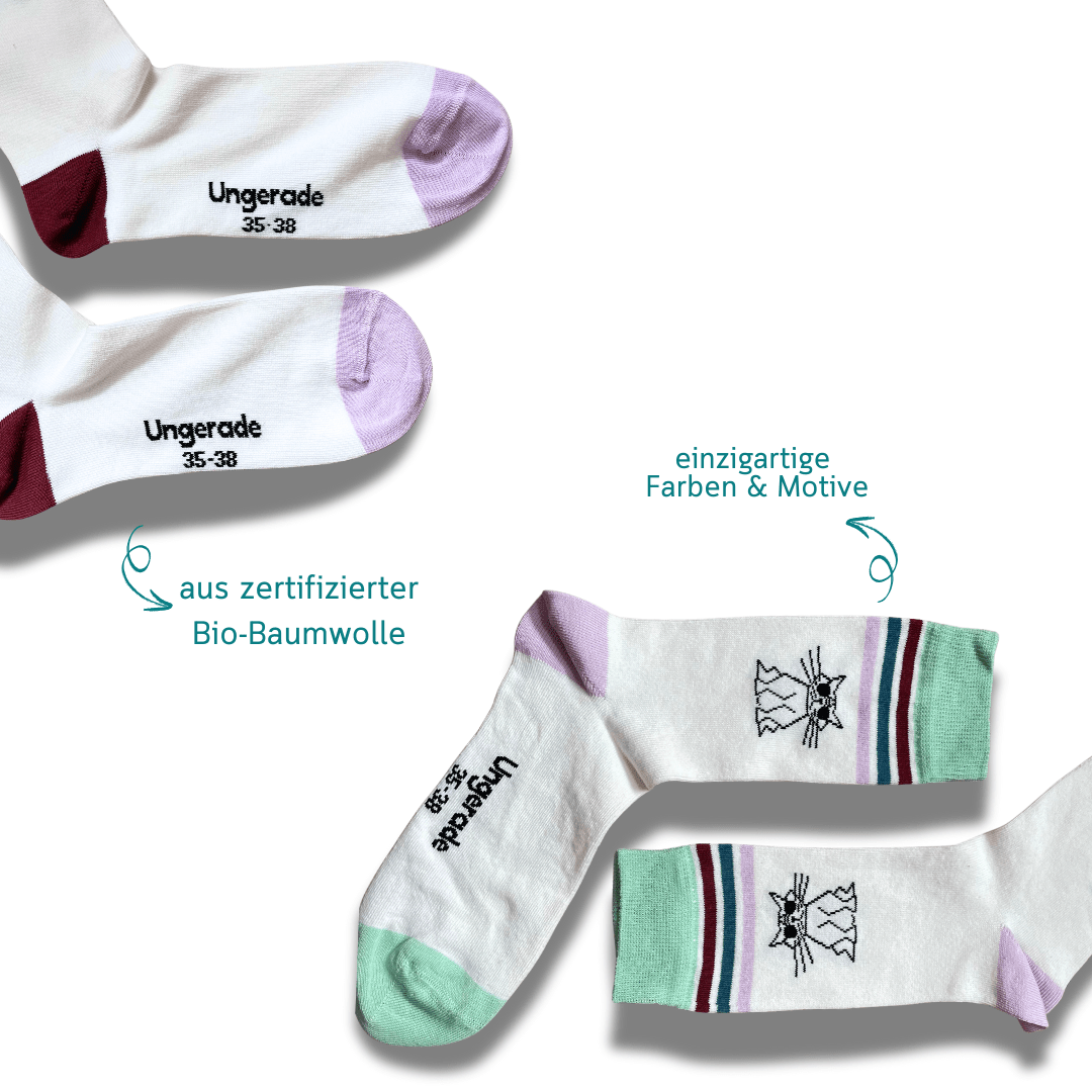 Nachhaltige Socken mit CoolCat Motiv auf weißem Hintergrund